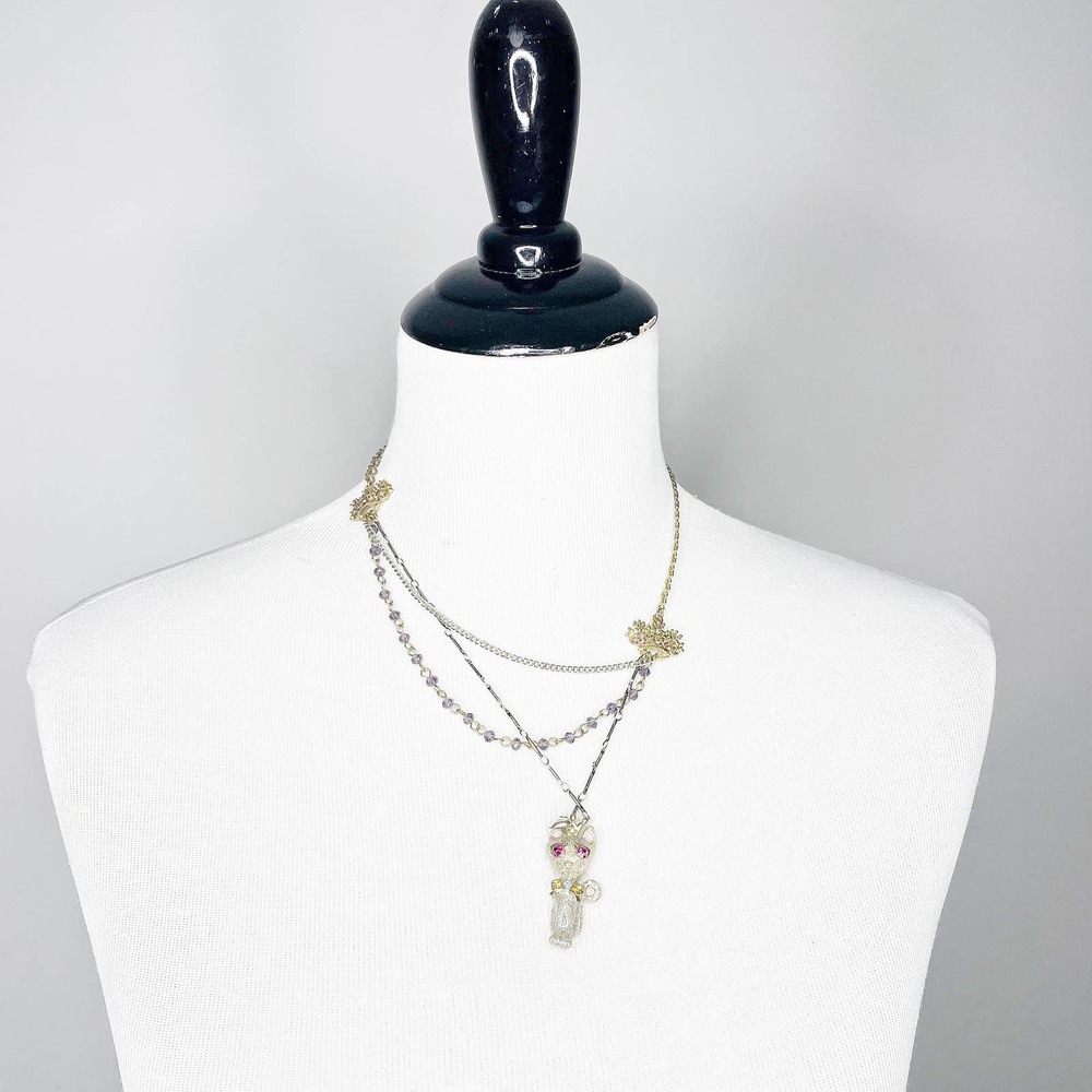 Vintage 90s 00s Y2K Betsey Johnson Cat multi strand necklace mixed metal